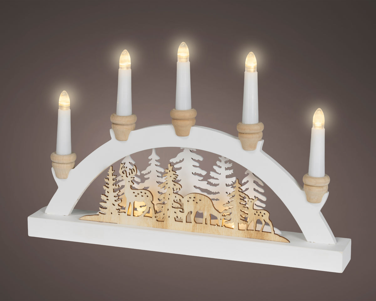 White Light Up LED Candle Bridge with Wooden Tree & Reindeer Scene