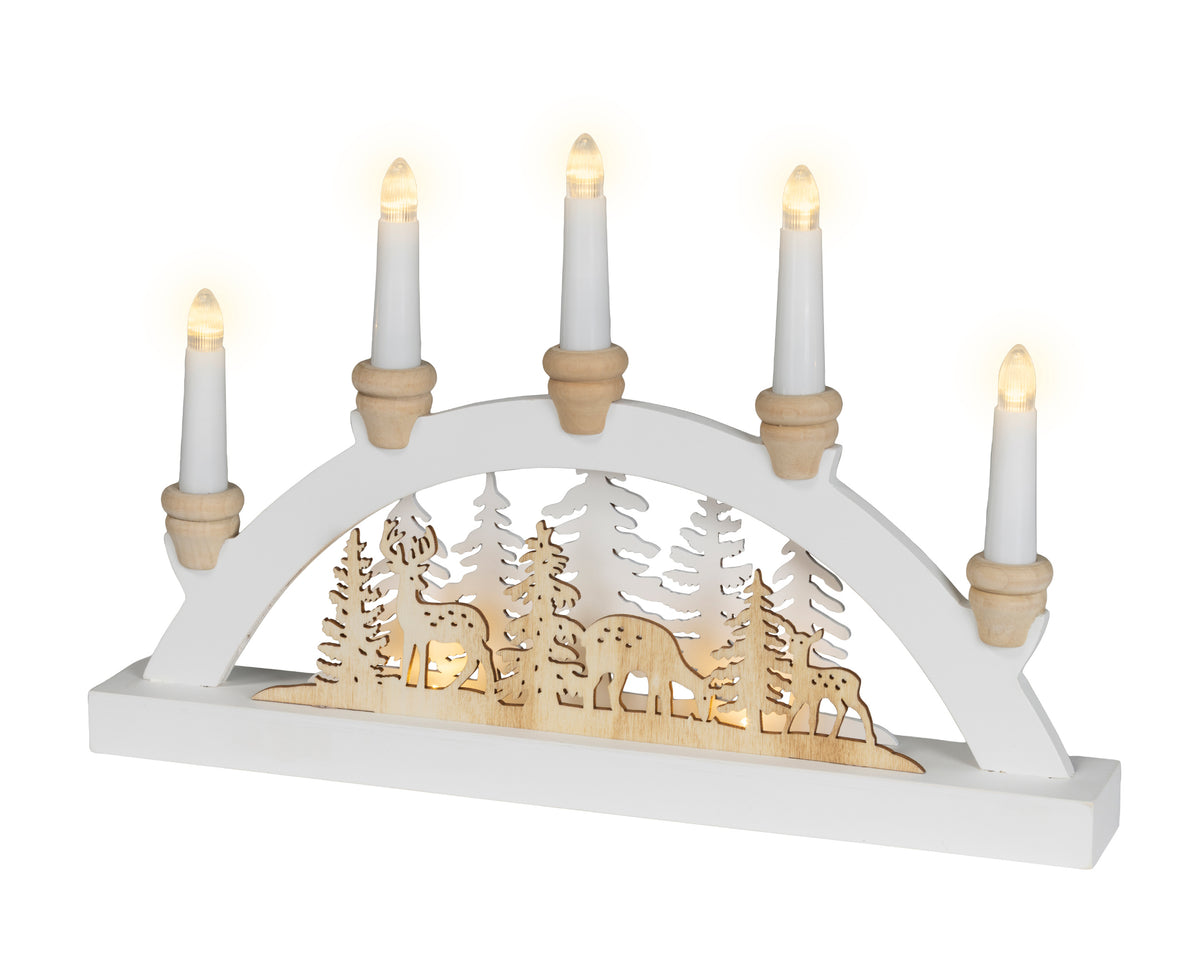White Light Up LED Candle Bridge with Wooden Tree & Reindeer Scene