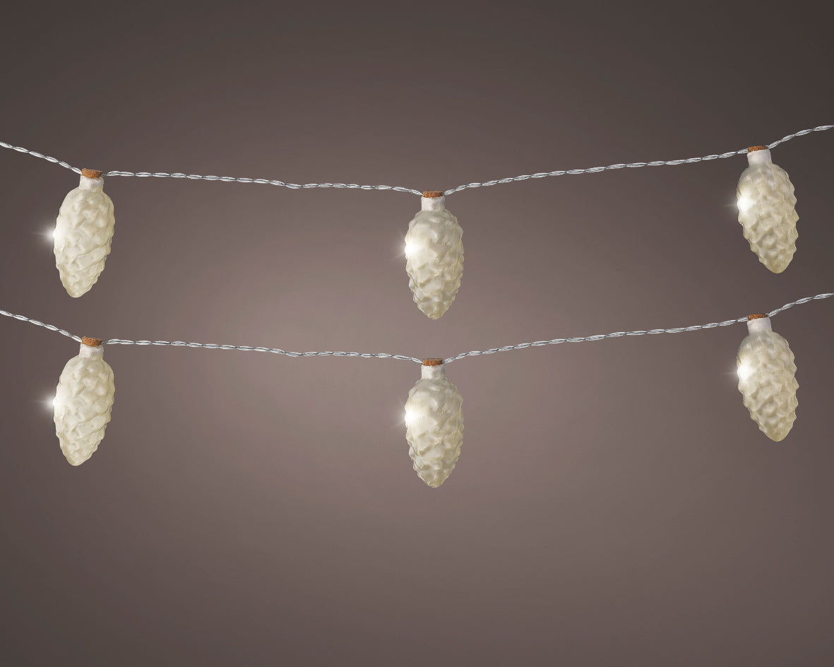Battery Operated Frost Garland of Pine Cones Hanging Decoration with Warm White Micro LEDs