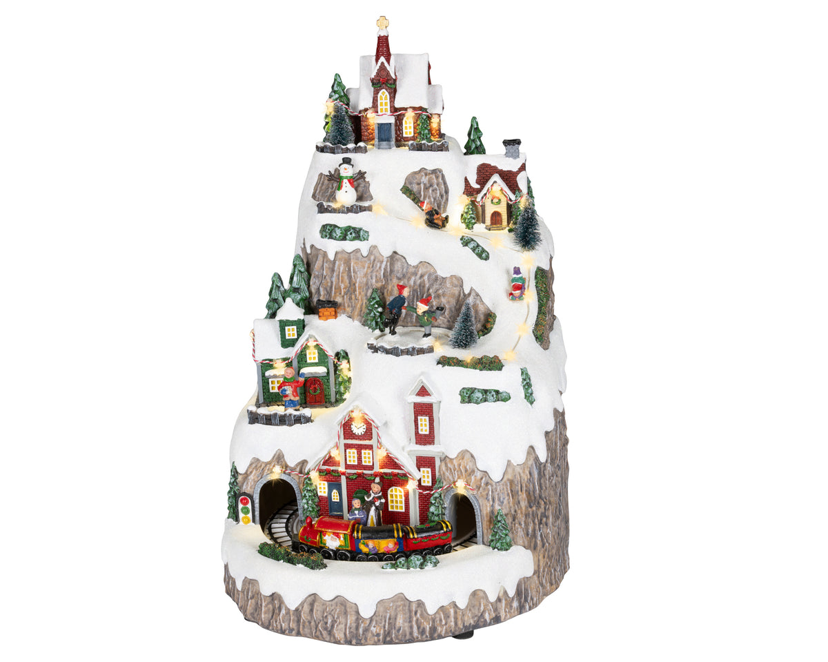 Lumineo Large Mountain Christmas Village Scene with Train