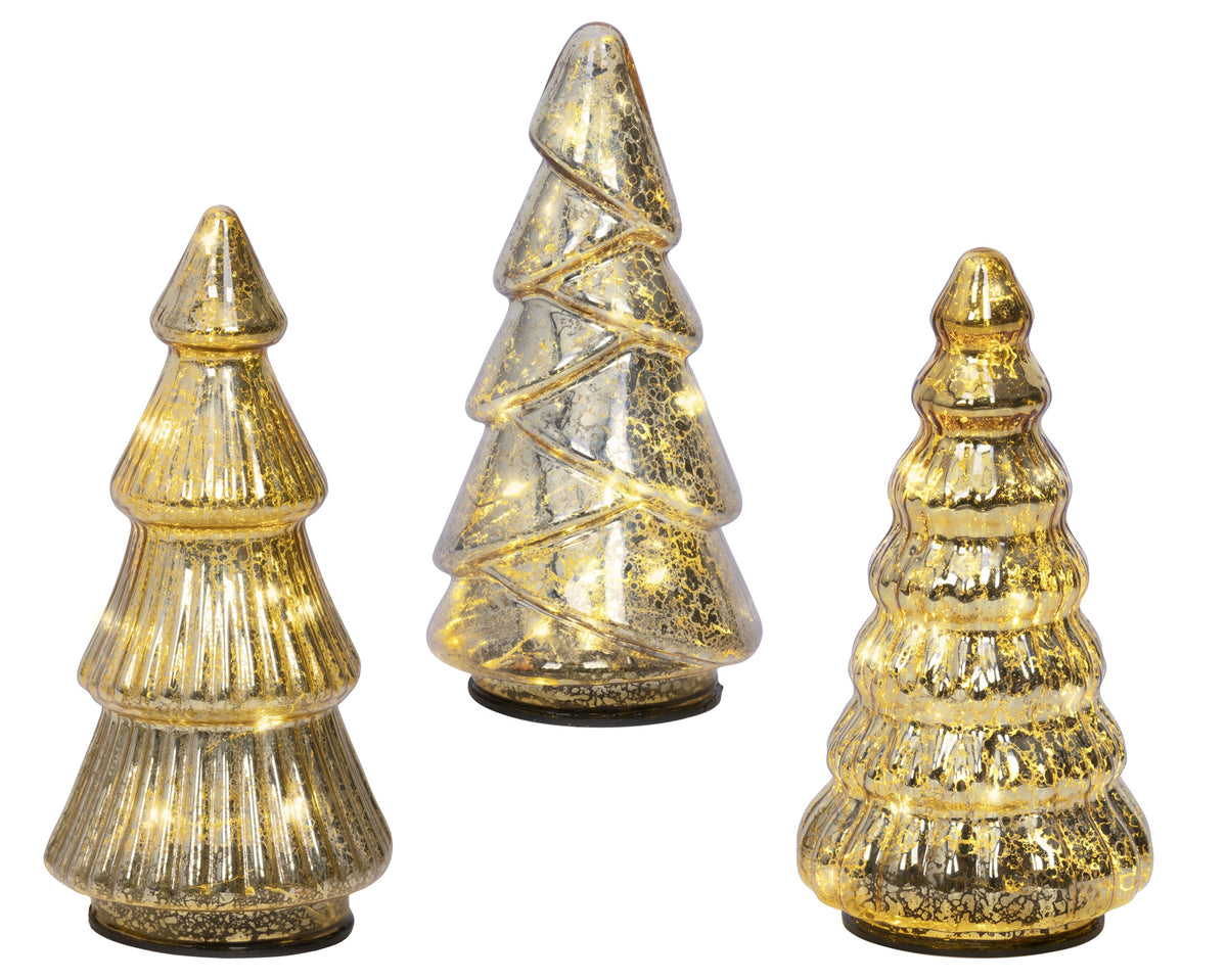 Warm White Micro LED Gold Glass Tree 17.5cm - Set of 3