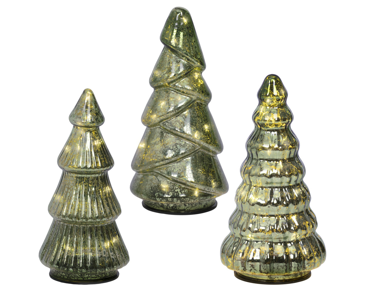 Warm White Micro LED Green Glass Tree 17.5cm - Set of 3