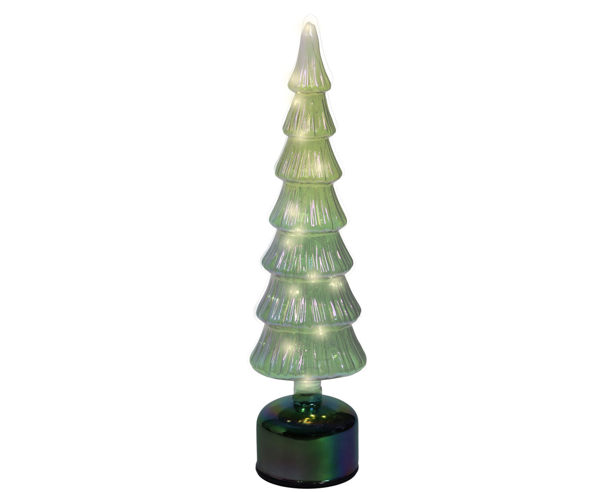 Warm White Micro LED Rotating Green Glass Tree with Flashing Effect 39cm