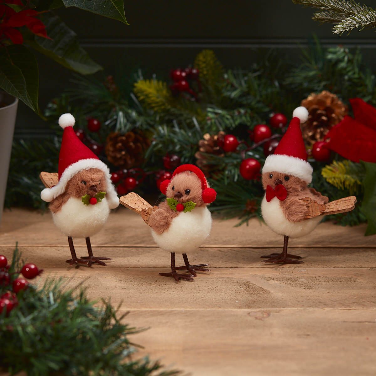 Xmas Robin Ornament Brown Plush Fabric With Wooden Tail