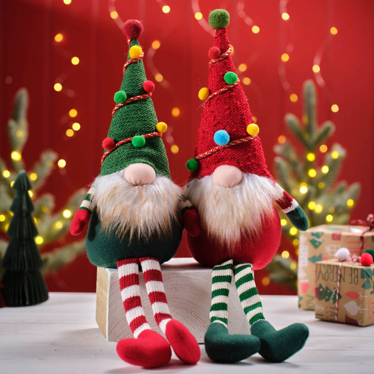 Christmas Shelf Sitting Bright Gonk with Pom Poms & Long Legs