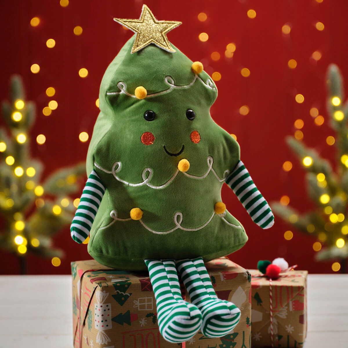 Jingle And Joy Christmas Tree With Face Glitter Star Doorstop