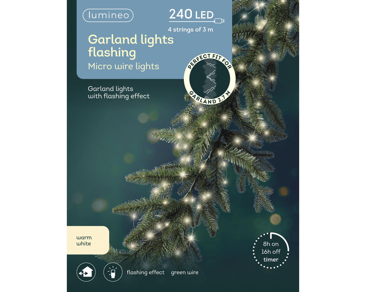 Micro LED Warm White Garland Twinkle Lights with Green Cable - 240 LEDs