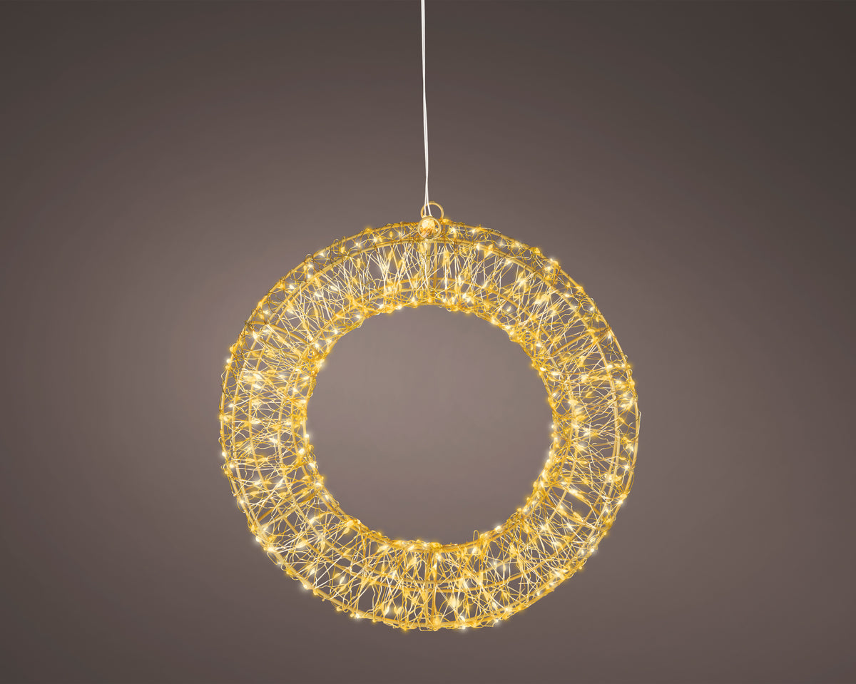Lumineo 38cm Gold, Warm & Classic White Light Up Outdoor Gold Wire Wreath with 500 LEDs