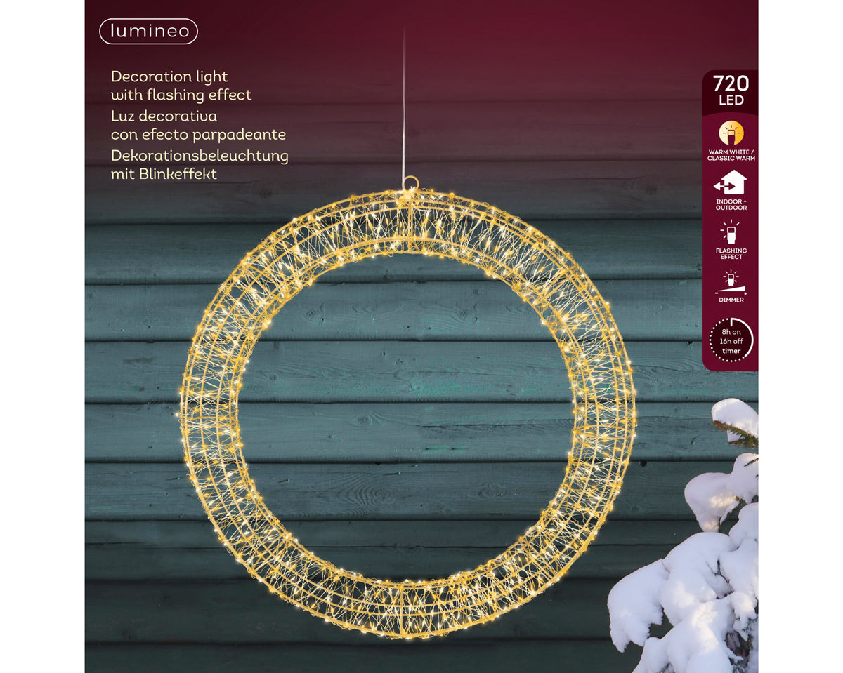 Lumineo 58cm Gold, Warm & Classic White Light Up Outdoor Gold Wire Wreath with 720 LEDs