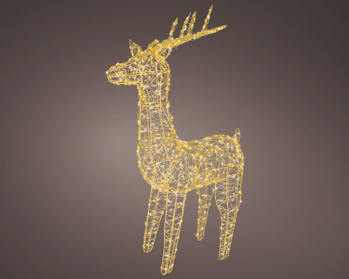 Lumineo 104cm Gold, Warm & Classic White Light Up Outdoor Gold Wire Reindeer Stag with 800 LEDs