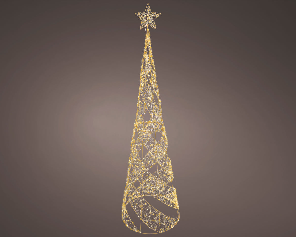 Lumineo 168cm Gold, Warm & Classic White Light Up Outdoor Gold Wire Swirl Christmas Tree with 960 LEDs