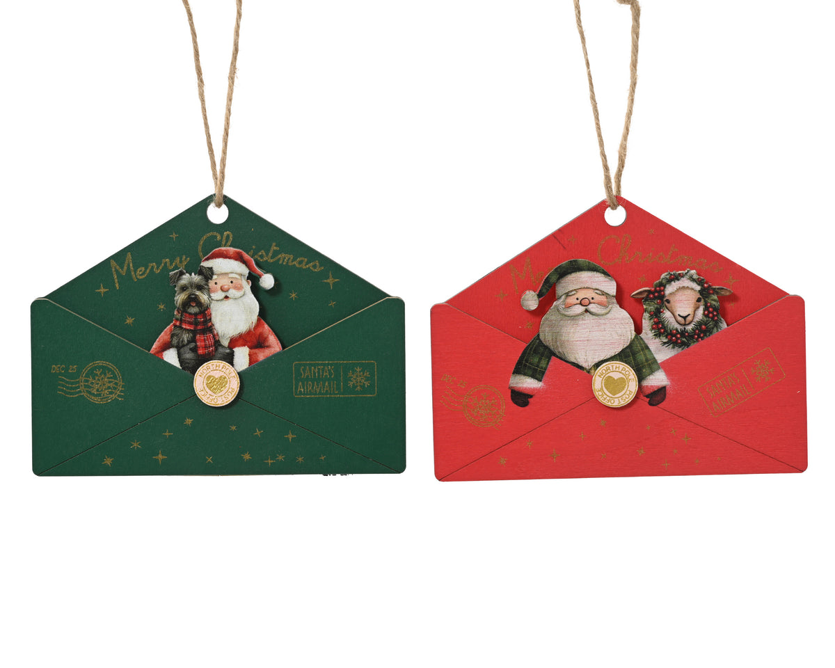 Red or Green Plywood Santa Letter Hanging Decoration 12cm
