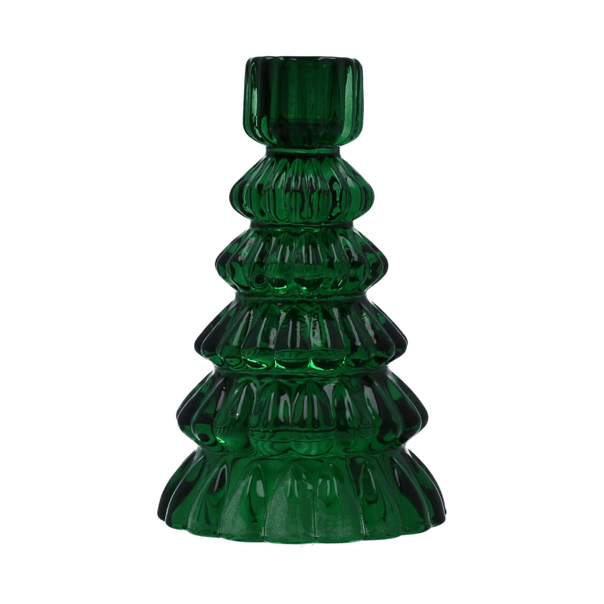 Gisela Graham - Clear Dark Green Glass Tree Shaped Candle Stick Holder
