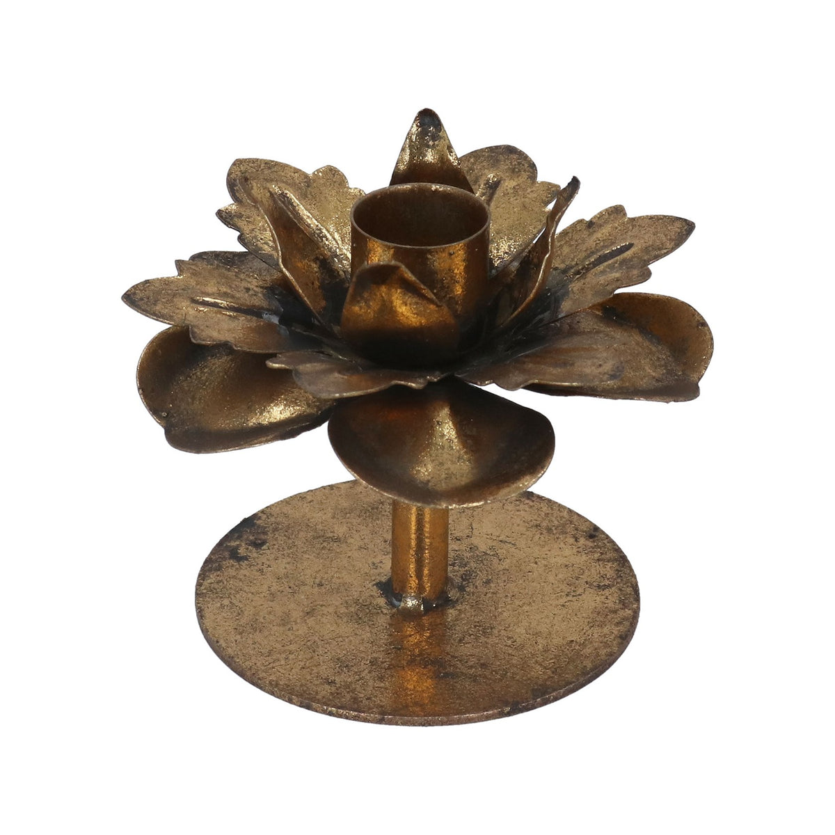 Gisela Graham Antique Gold Flower Tin Metal Candlestick Holder - 9.5cm