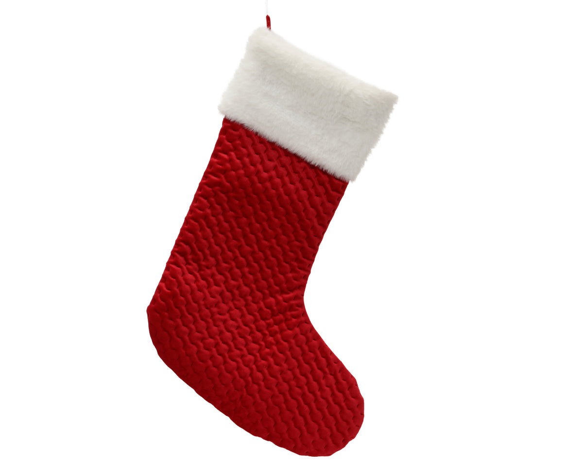 Christmas Red Embossed Pattern Stocking with White Fluffy Top 43cm