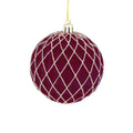 Dark Red Wine Flock Gold Glitter Xcross Trellis Bauble - 8cm