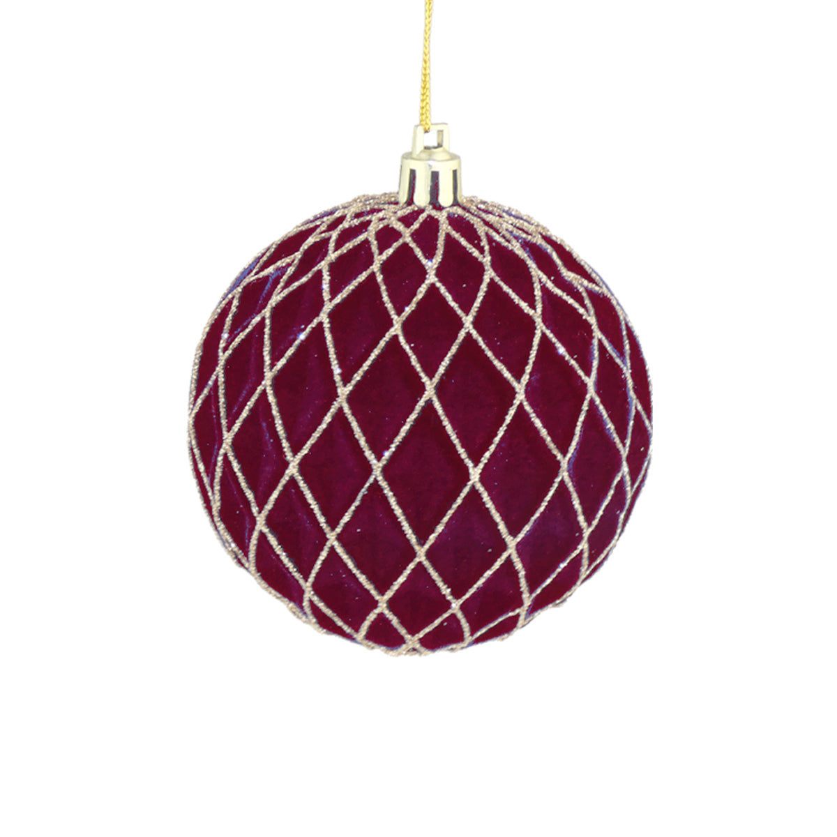 Dark Red Wine Flock Gold Glitter Xcross Trellis Bauble - 8cm