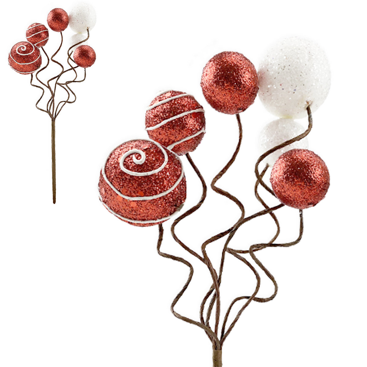 Red & White Curly Glitter Candy Cane Ball Pick - 32cm