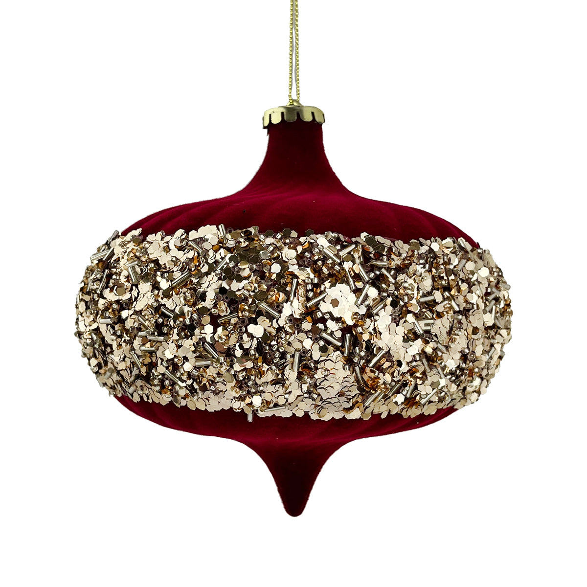 Dark Red Wine & Gold Flocked Onion Glitter Bauble - 15cm