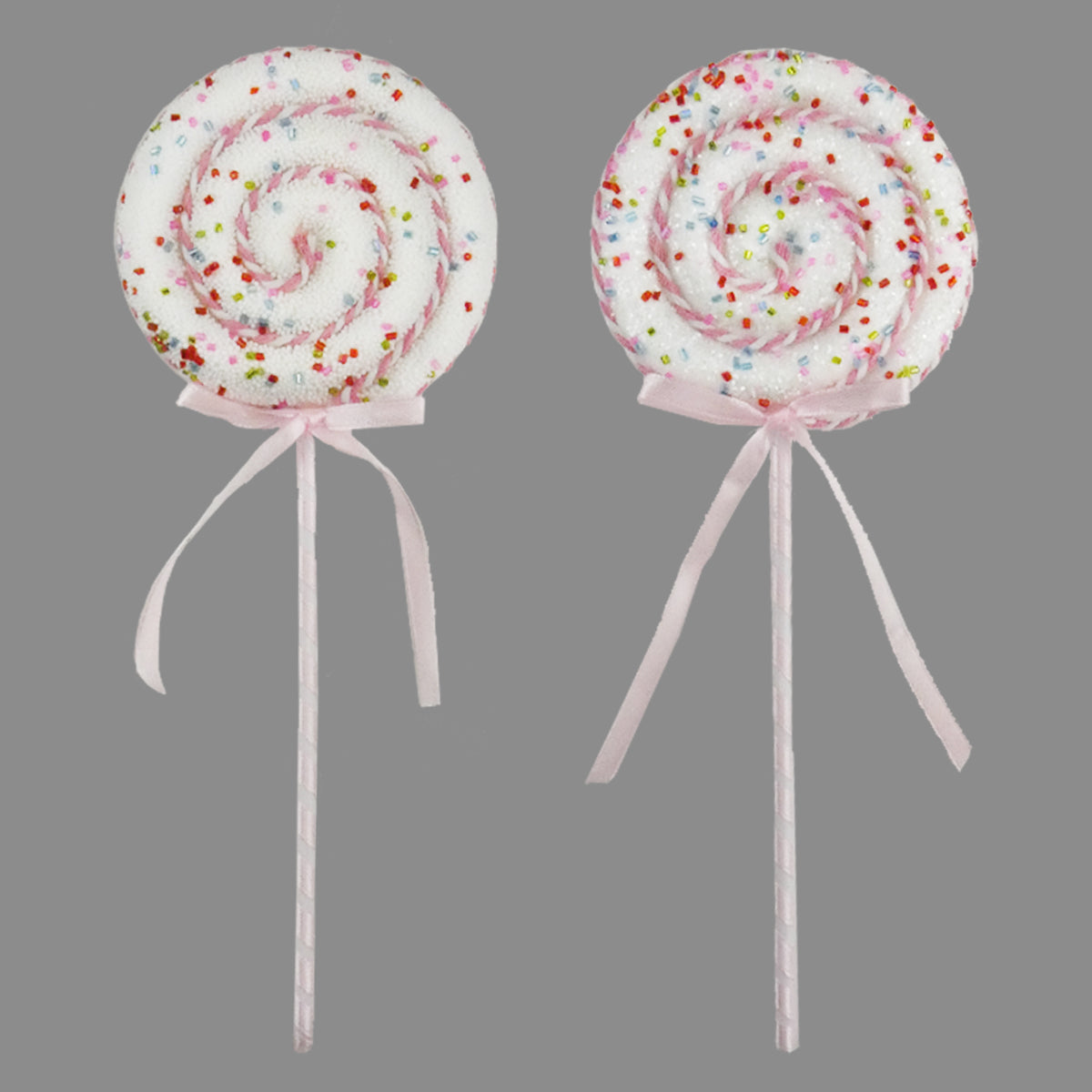 Pink & White Candy Cane Swirl Lollipop Pick with Sprinkles