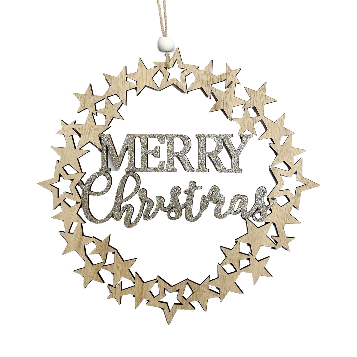 Merry Christmas Wooden Star Wreath Hanging Decoration - 22.5cm