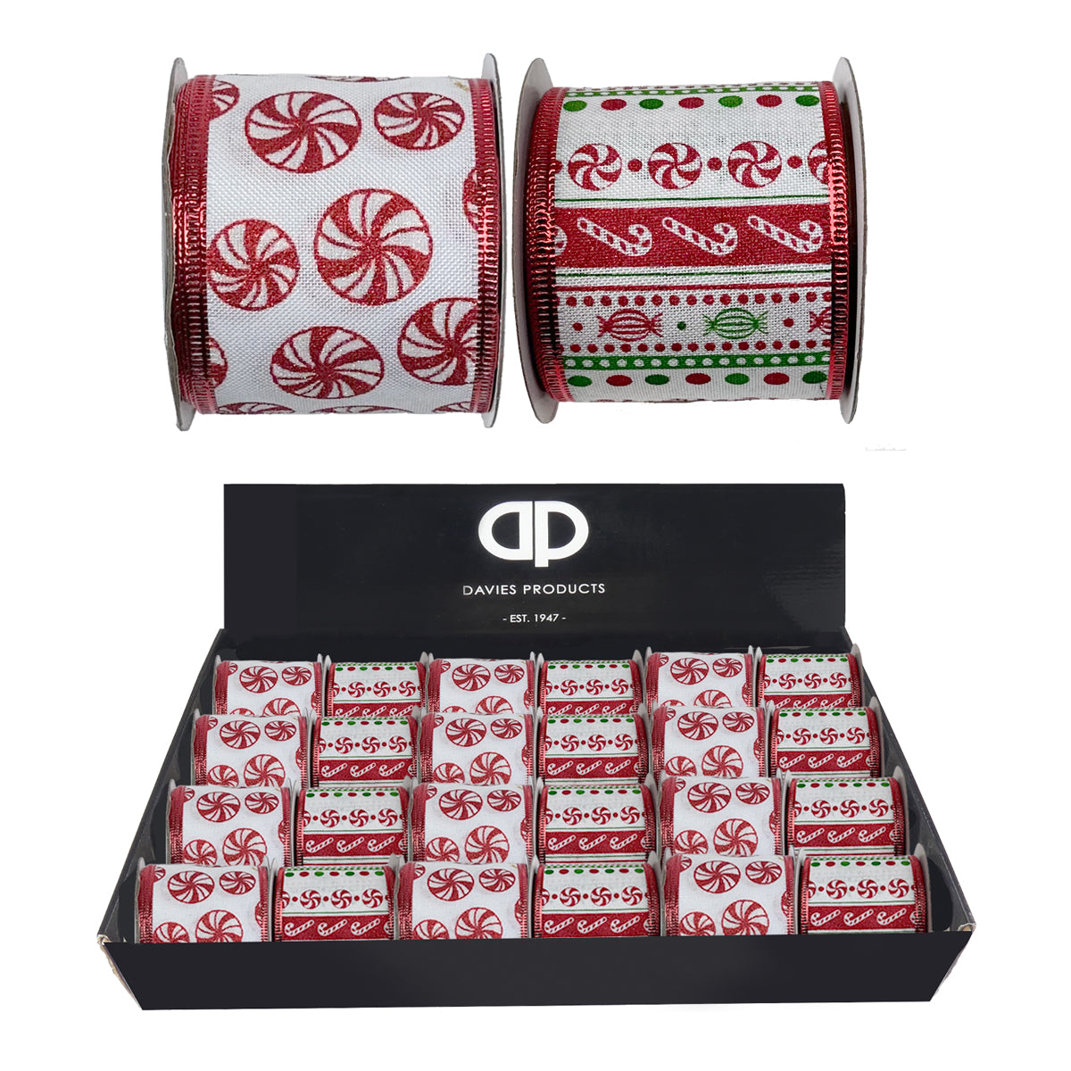 Red and White Candy Cane Wired Ribbon - 2.7m