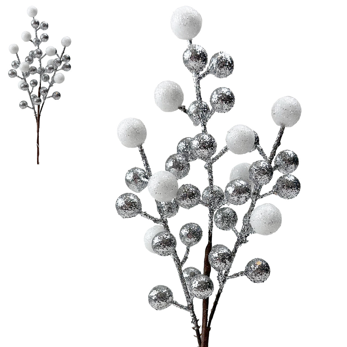 Silver & White Ball Berry Pick - 36cm