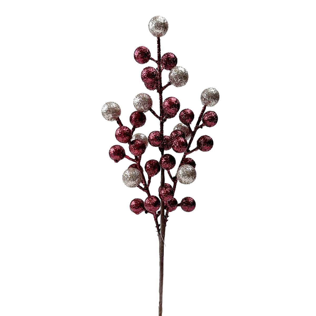 Dark Red & Champagne Glitter Ball Berry Pick - 36cm