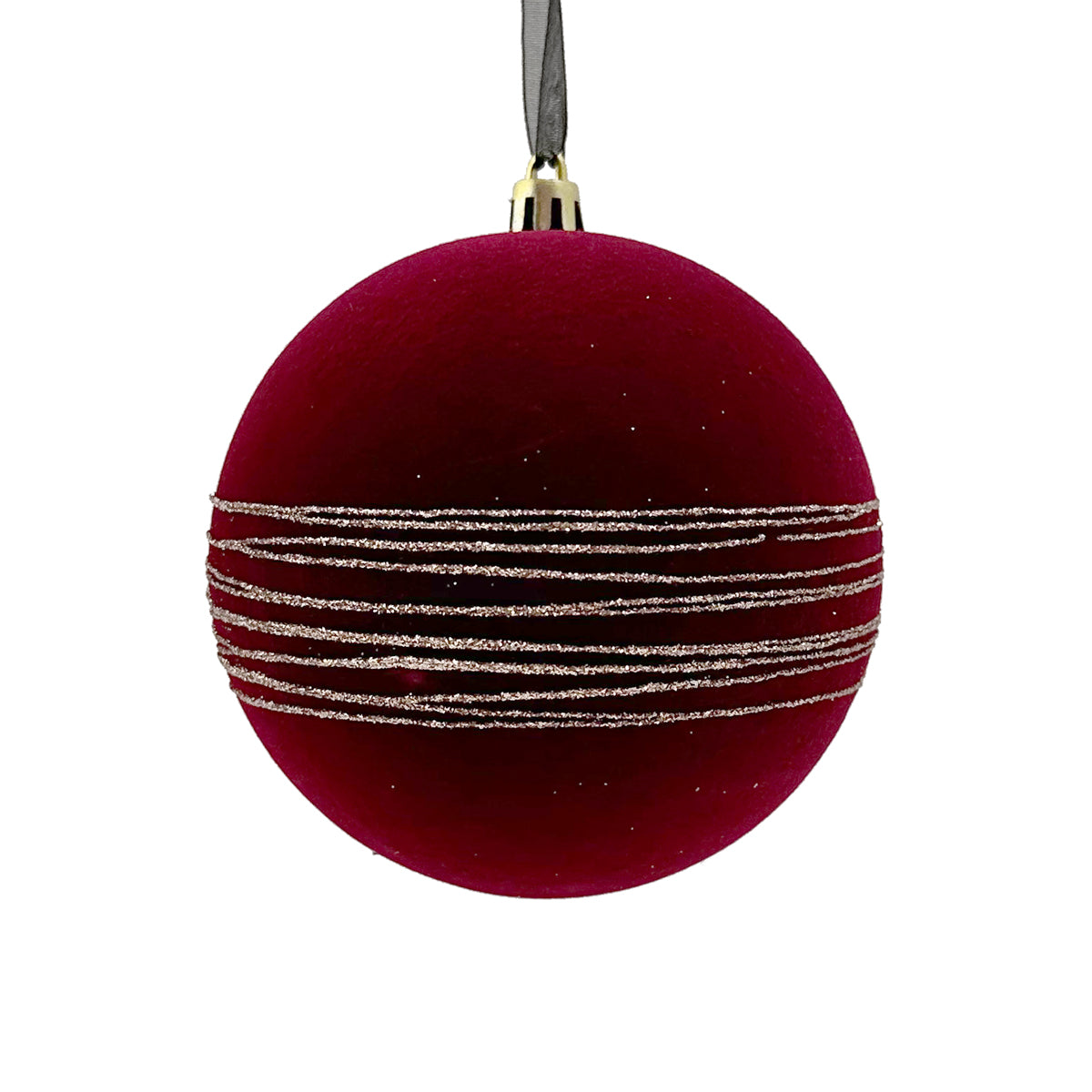 Dark Red Striped Flocked Swirl Bauble - 10cm