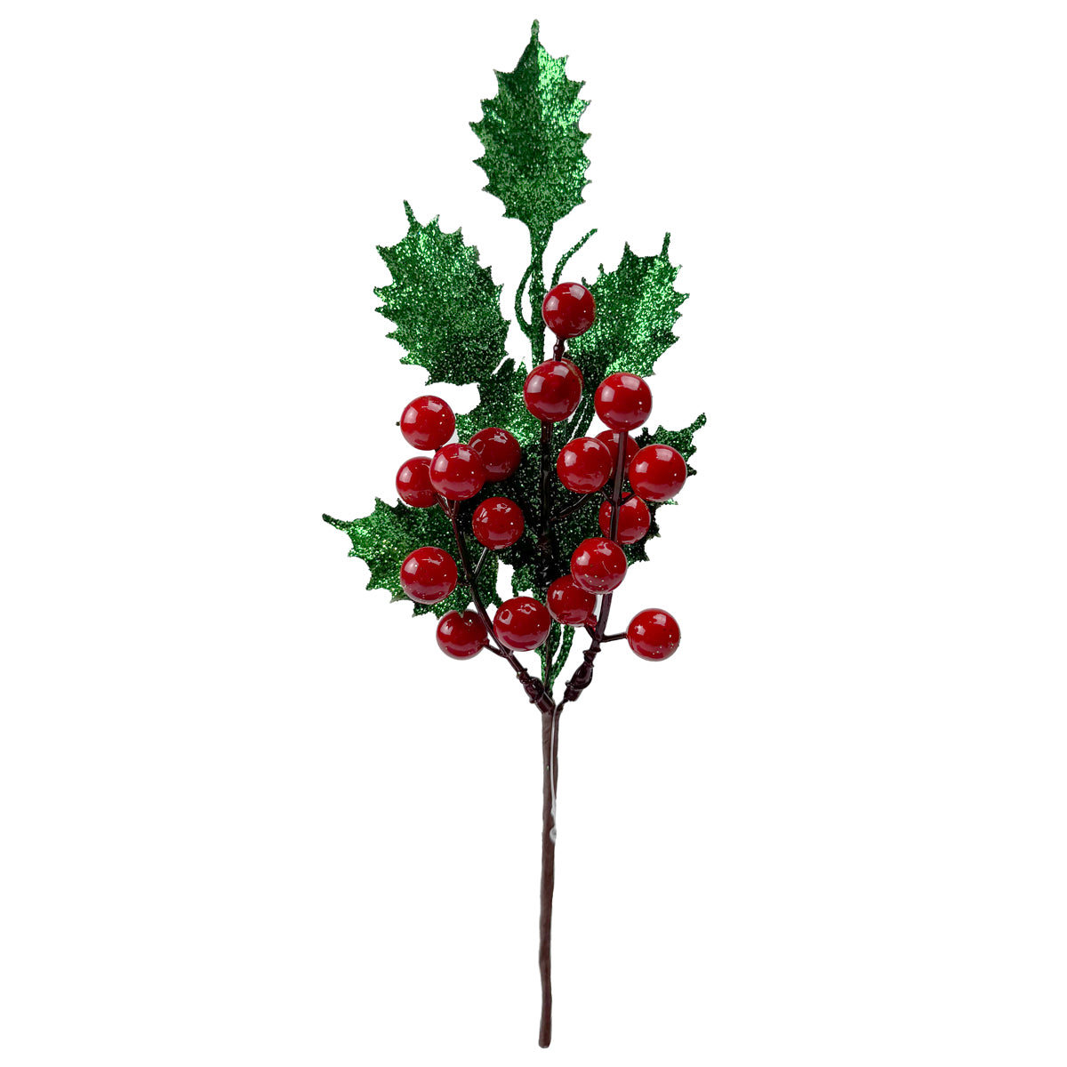 Glitter Holly Pick with Red Berries - 27cm