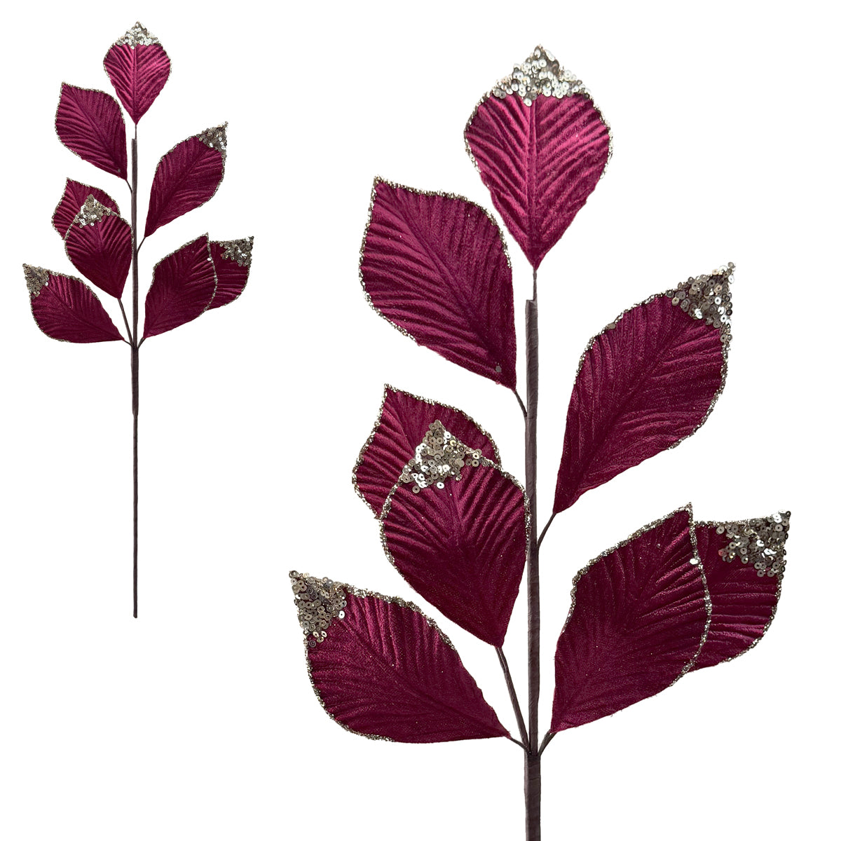 Dark Red Velvet Foliage Stem with Gold Glitter Tips - 62cm