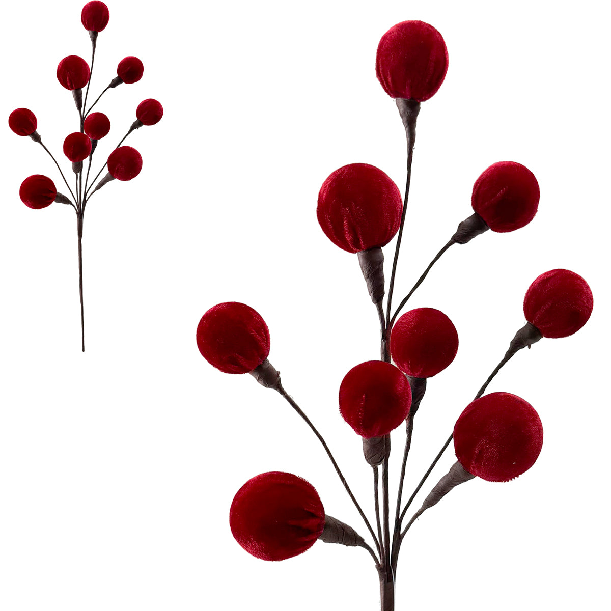 Dark Red Velvet Pom Pom Ball Spray - 58cm