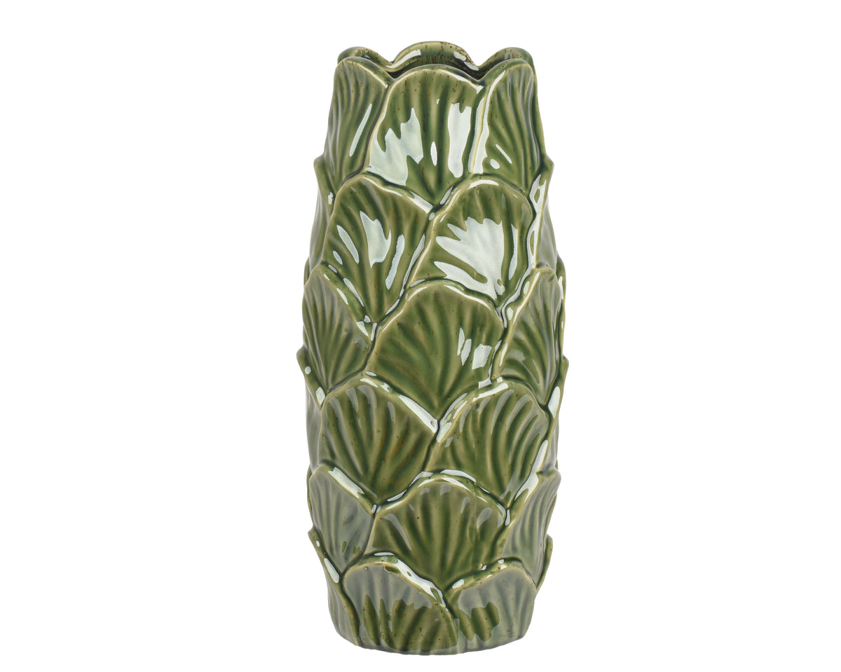 Porcelain Cylinder Reaction Glazed Vase Green Leaves 37cm
