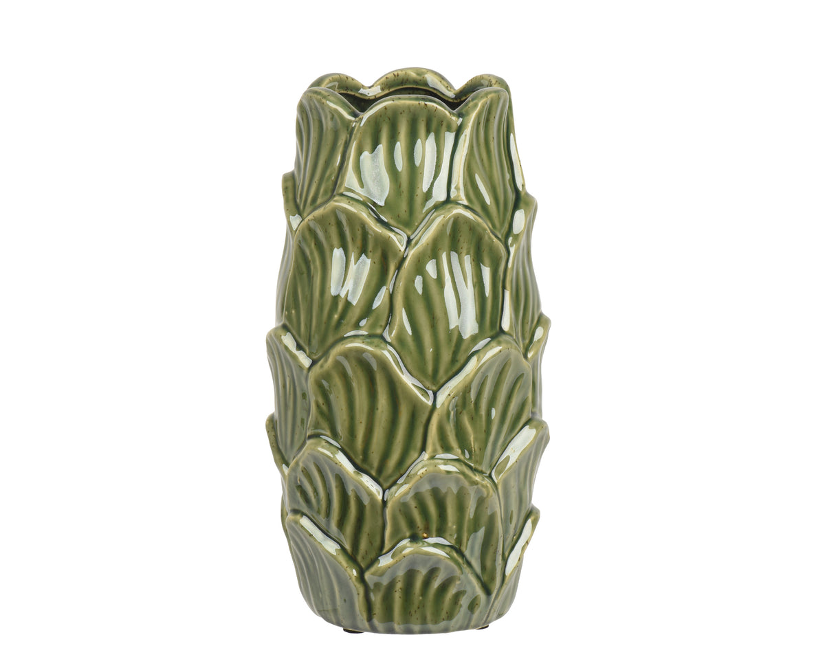 Porcelain Cylinder Reaction Glazed Vase Green Leaves 30cm