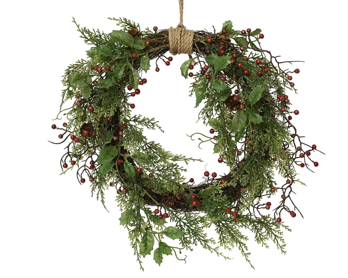 Christmas Decorated Red Berries & Pinecones Glitter Wreath 40cm
