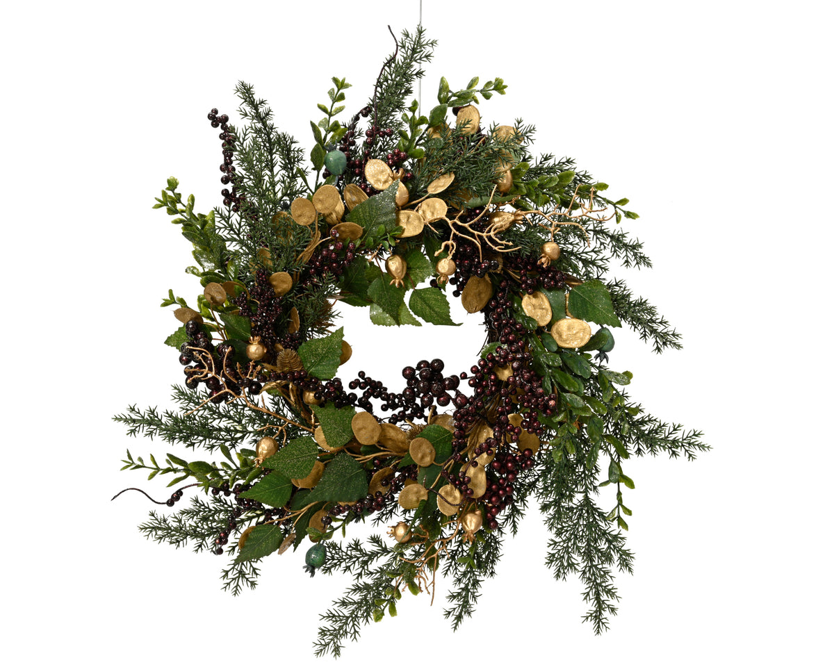 Berries and Gold Leaf Glitter Indoor Wreath 40cm
