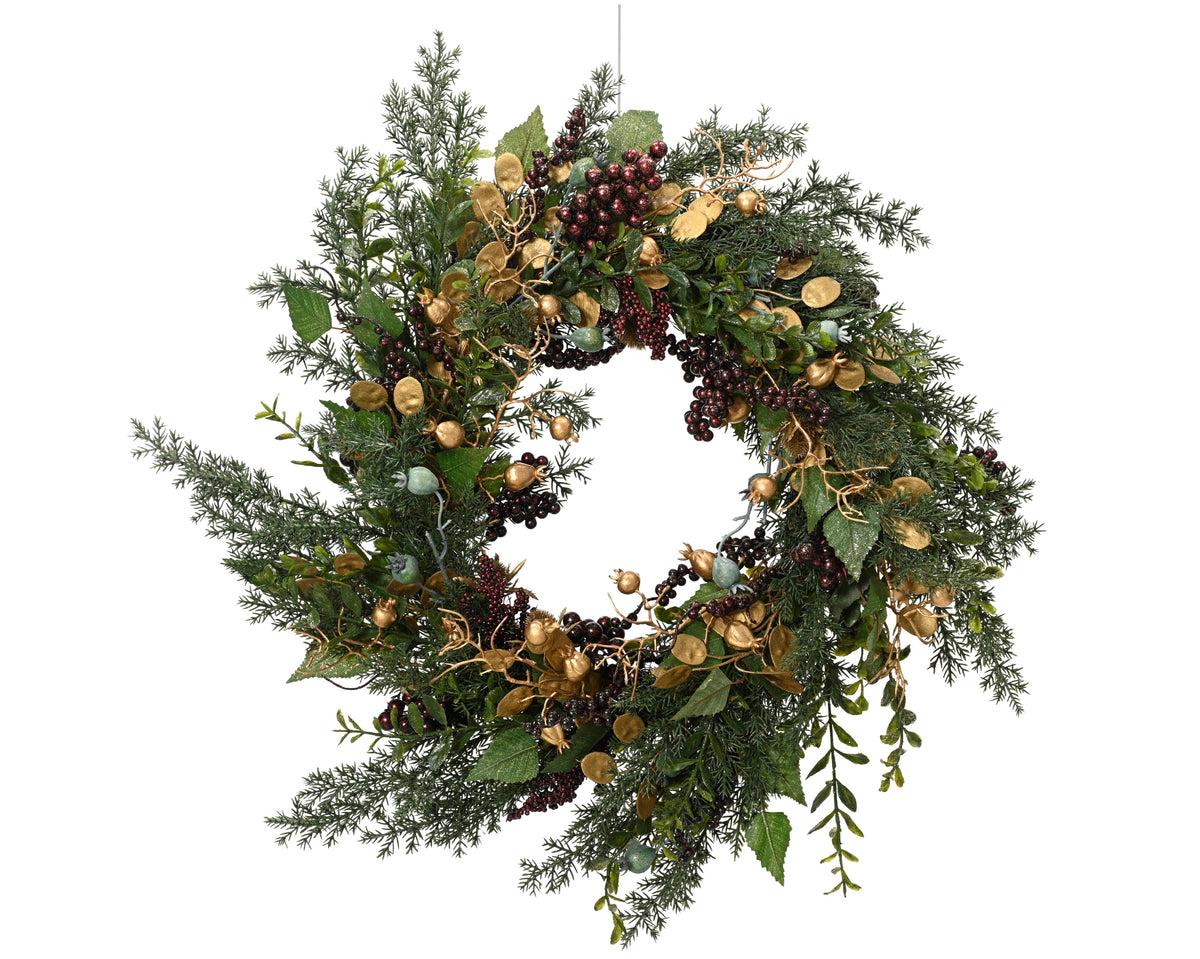 Berries and Gold Leaf Glitter Indoor Wreath 60cm