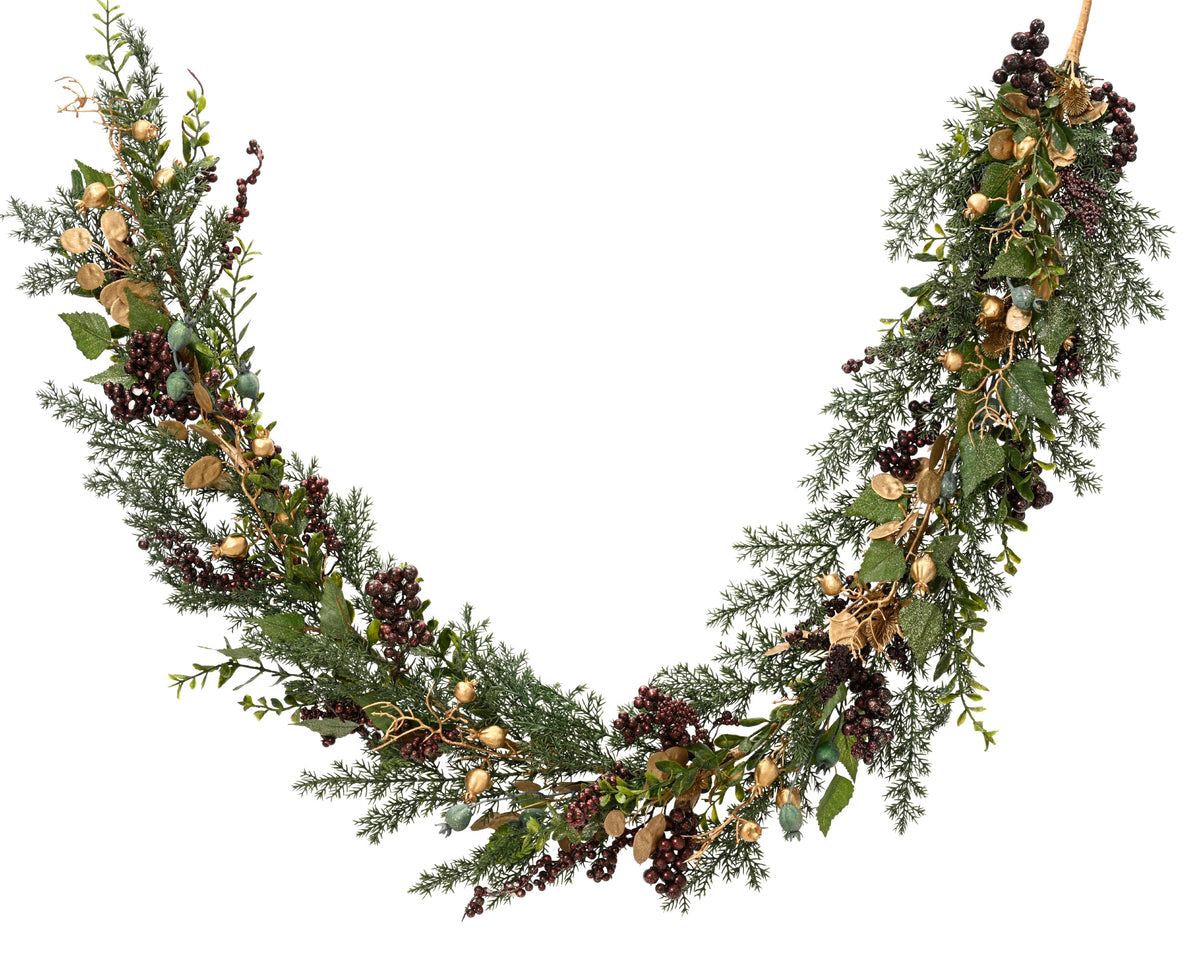 Indoor Berry and Gold Leaf Decorated Garland 1.8m