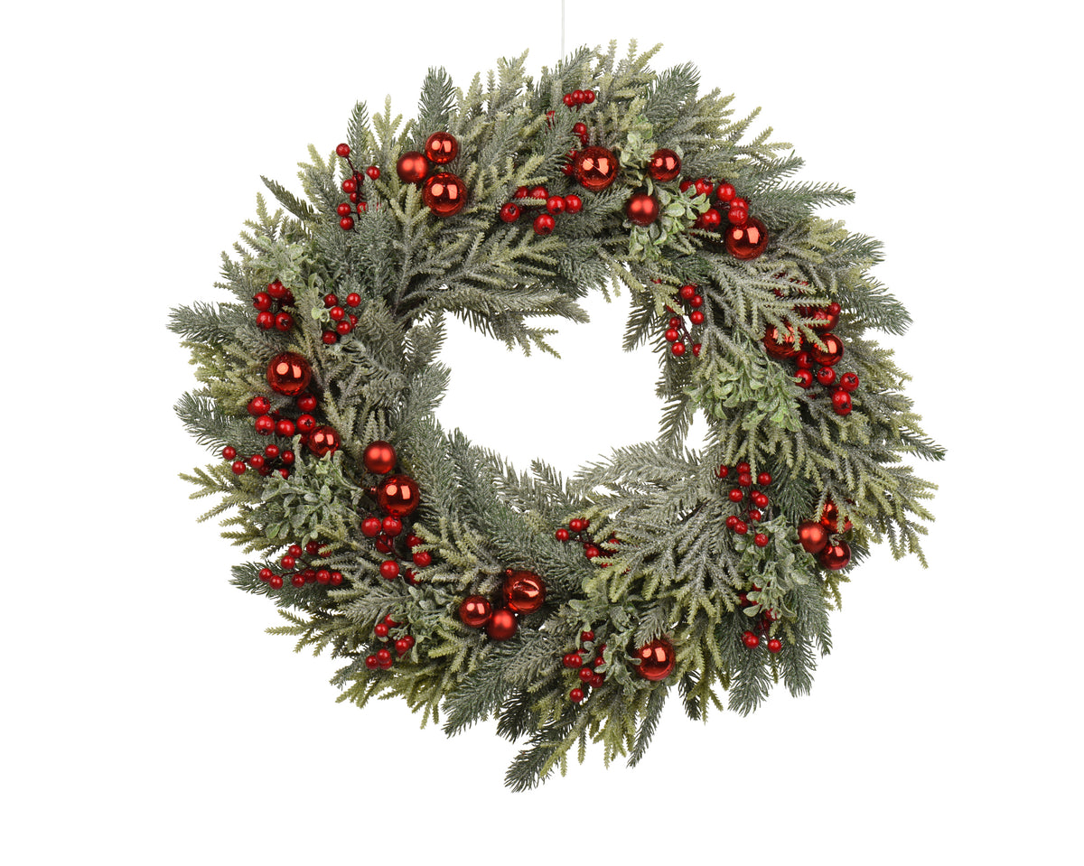 Shiny Red Berries & Baubles Indoor Wreath 60cm