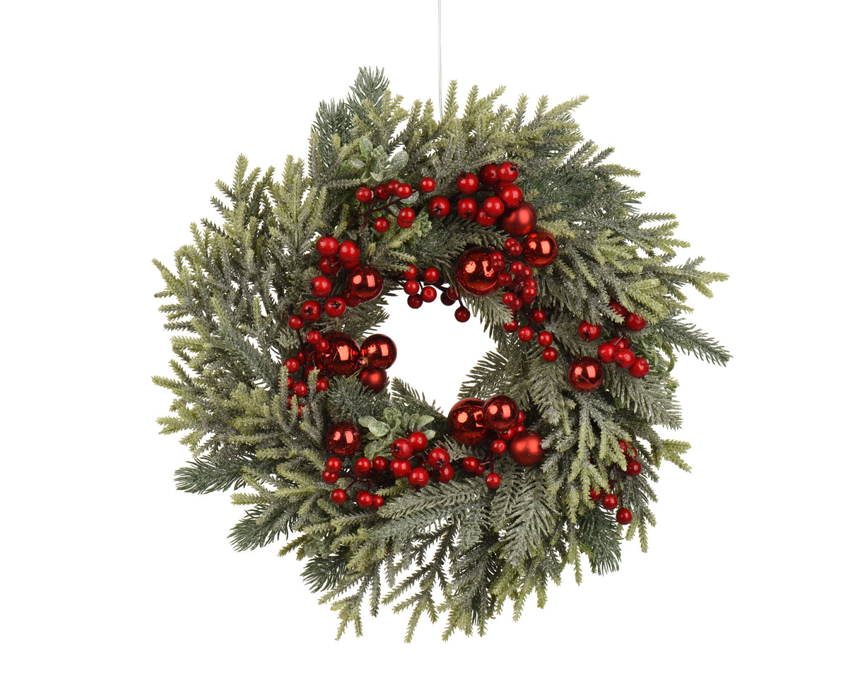 Shiny Red Berries & Baubles Decorated Indoor Wreath 40cm