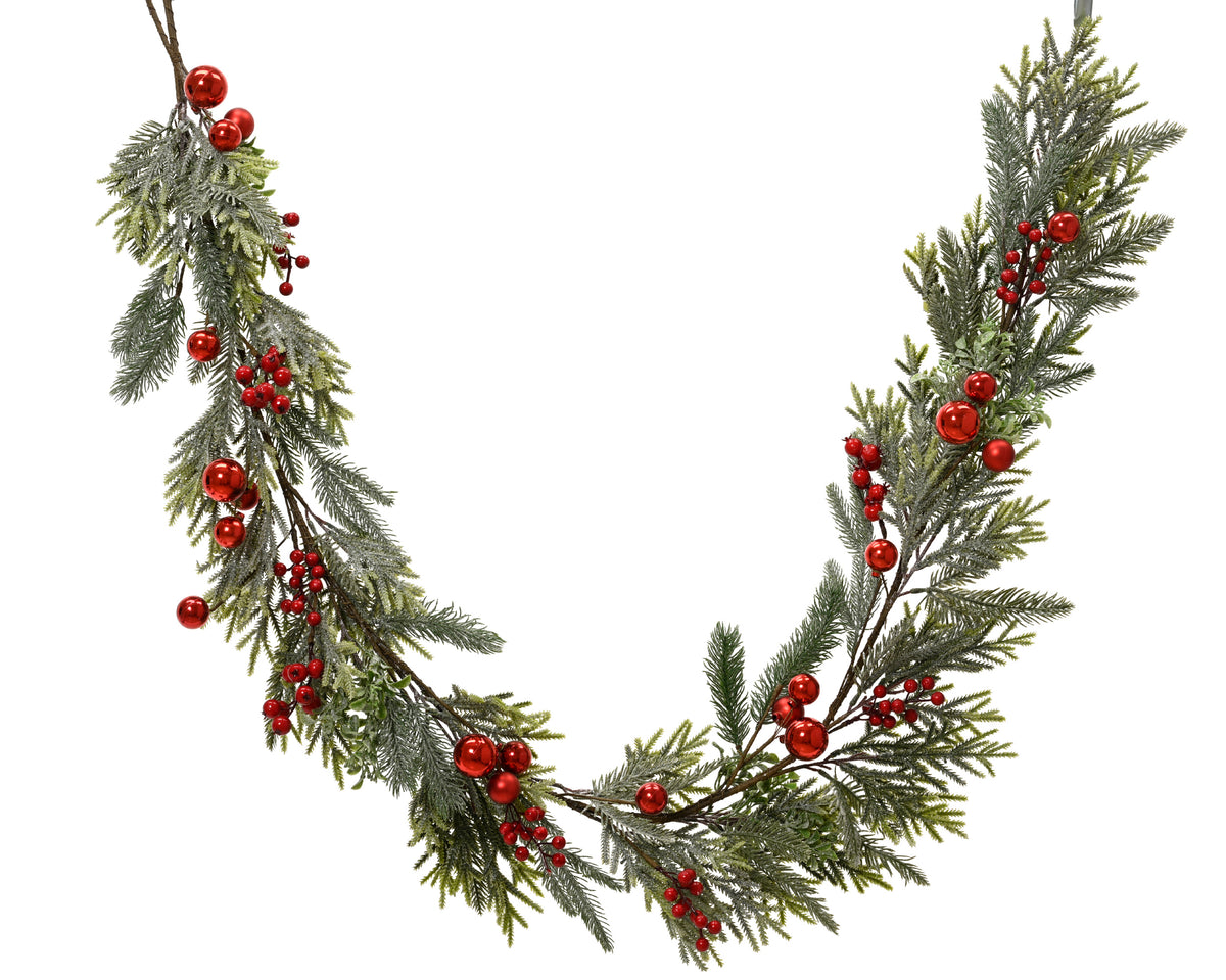 Indoor Red Shiny Berries & Baubles Decorated Garland 1.8m