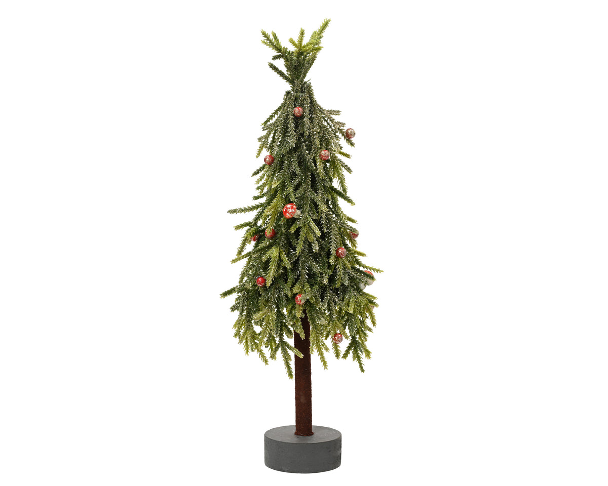 Mini Christmas Tree on Wooden Foot with Red Berry, Mushrooms & Glittery Finish