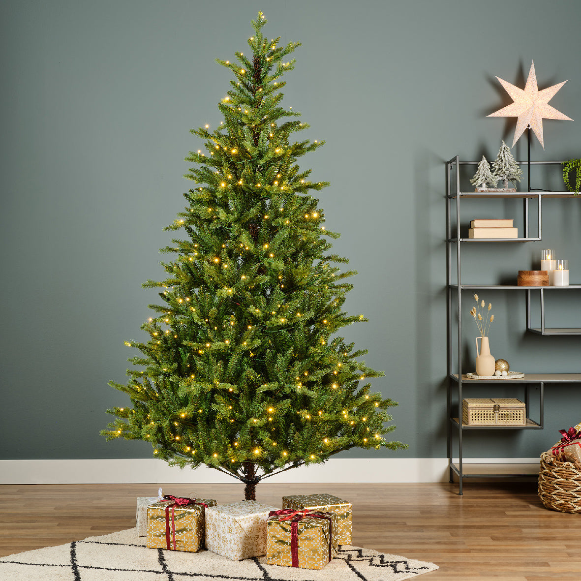 Everlands Allison Pine Artificial Christmas Tree Pre Lit 7ft 210cm with 430 Colour Switch Warm White / Classic Warm LED Lights