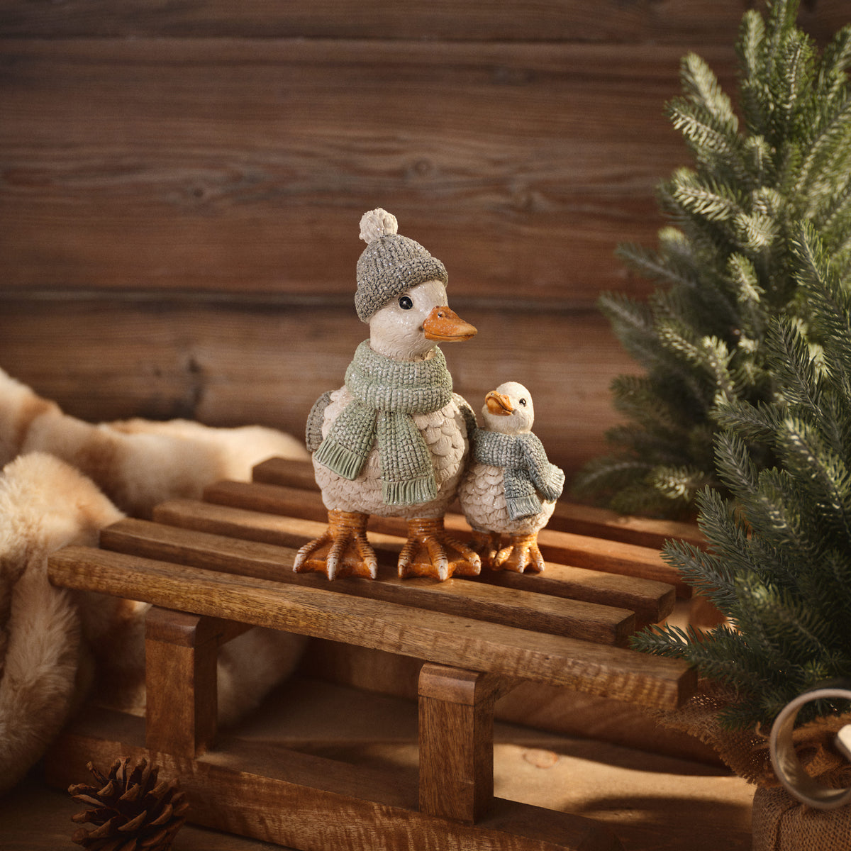 Resin Nordic Nest Mother and Baby Winter Duck Ornament