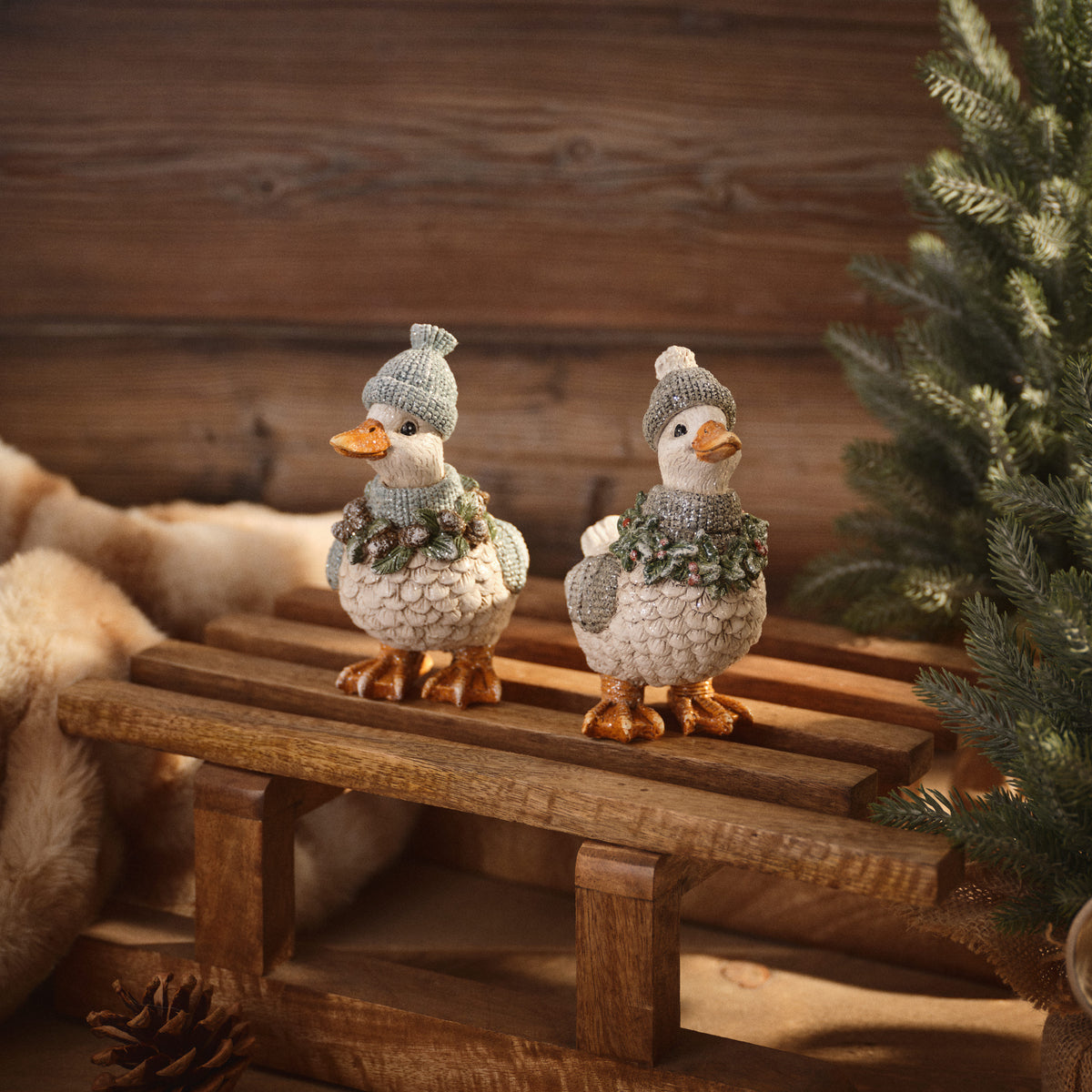 Resin Nordic Nest Winter Duck with Hat and Scarf Ornament