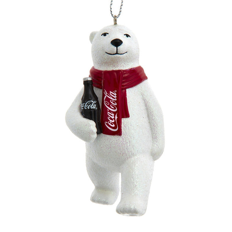 Coca-Cola Polar Bear with Red Scarf Holding Bottle Christmas Bauble