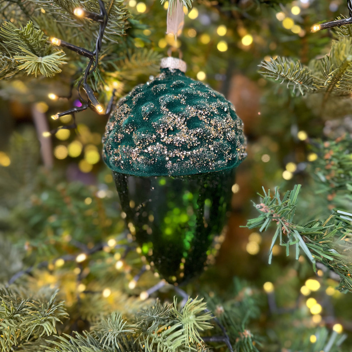 Large Glass Emerald Green Flock Pinecone Bauble