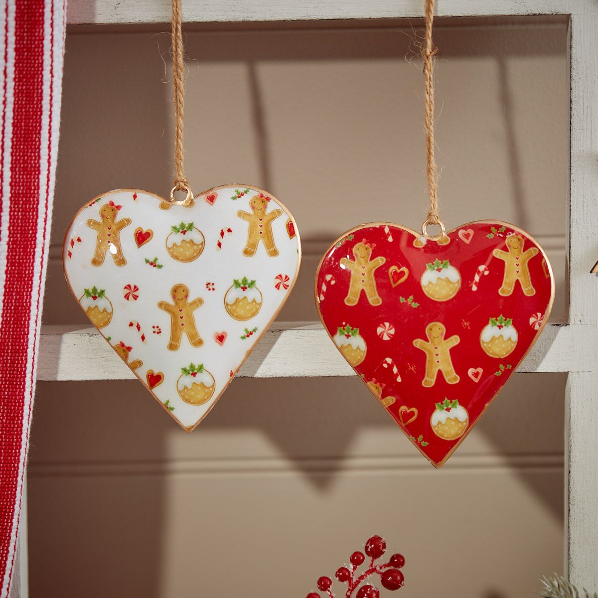 Hanging Christmas Metal Heart with Gingerbread & Candy Cane Design in Red or White