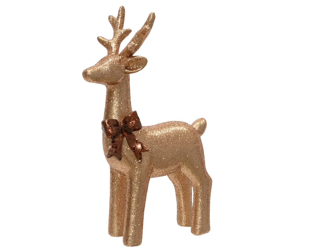 Golden Glitter Reindeer with Red Bow 21.7cm Christmas Ornament