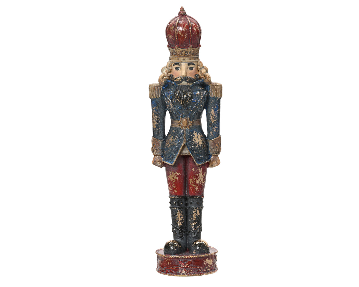 Small Traditional Antique Rustic Finish Blue & Red Nutcracker 20.5cm